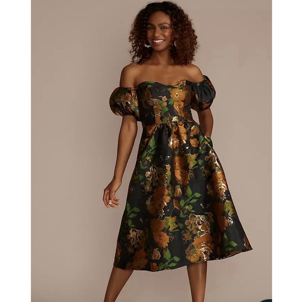 DB STUDIO Puff Sleeve Brocade Off Shoulder A-Line Metallic Mini Dress Size 8 NWT